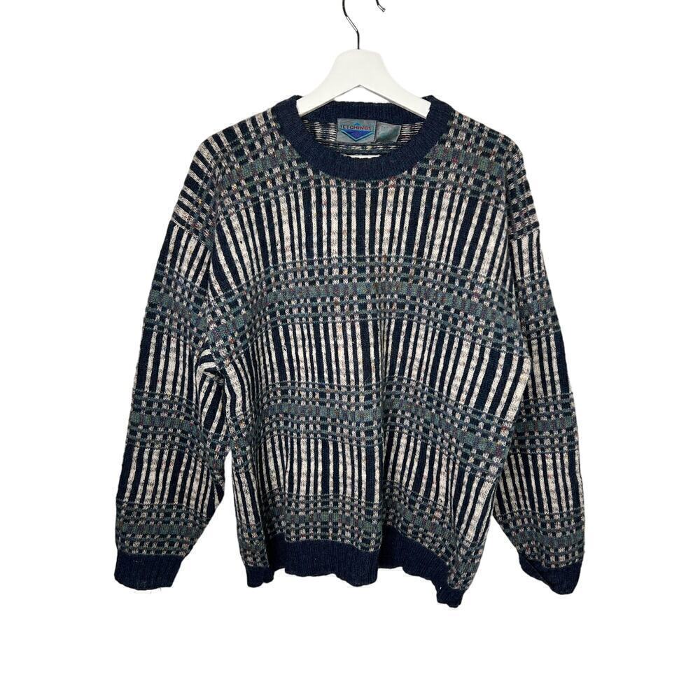 Vintage Etchings Pure Wool Geometric Roundneck Jumper Sweater Multi Men's Medium